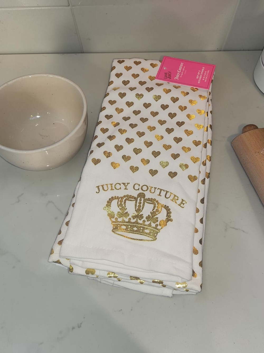 Juicy Couture Gold Heart Crown Kitchen Towel Set - White & Gold